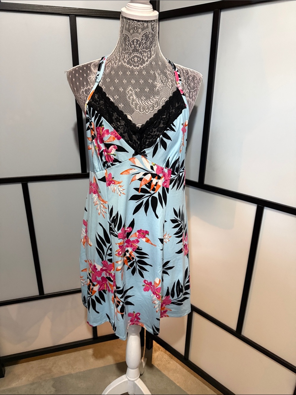 Secret Treasures Blue Floral Chemise with Black Lace Trim